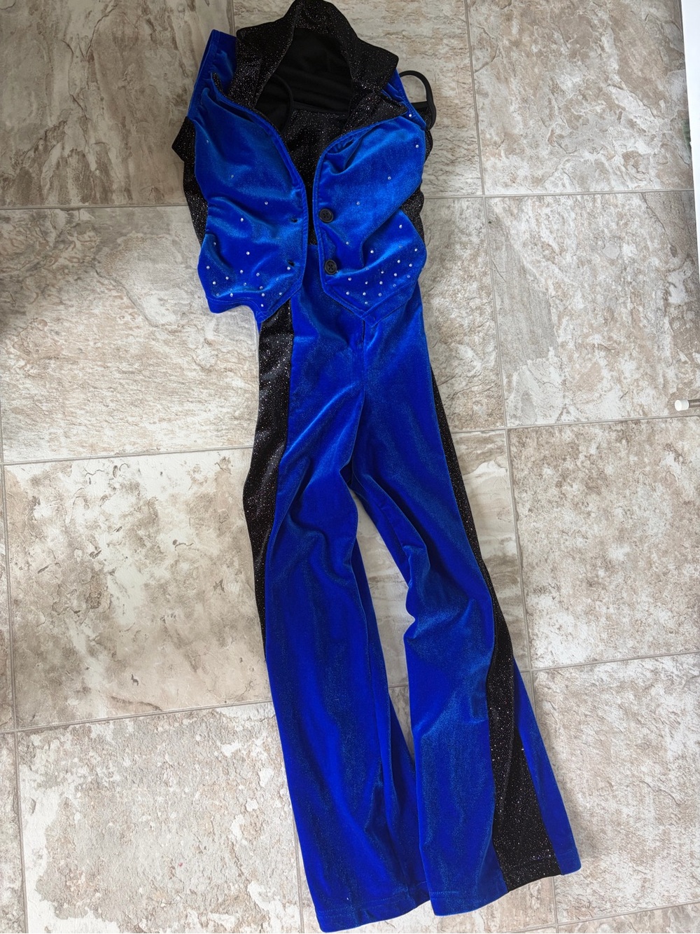 Weissman Royal Blue Velvet Jumpsuit costume with Black Sparkle Panels